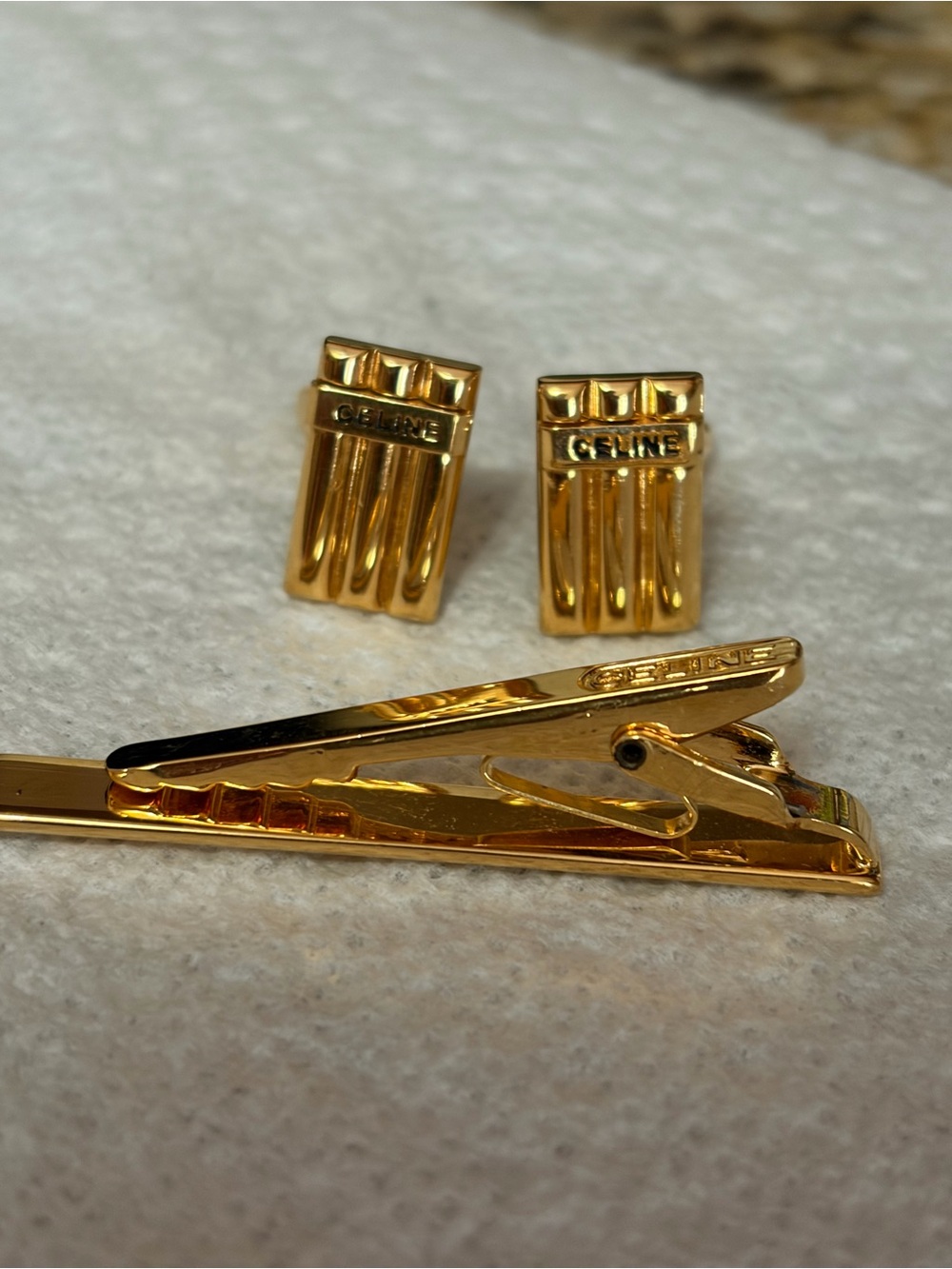 Celine Gold-Tone Tie Clip and Matching Cufflinks